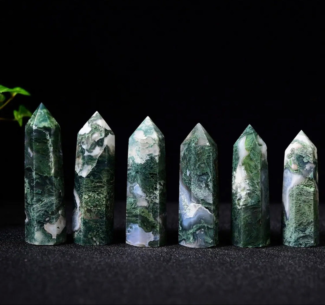 Natural Moss Agate Pointed Crystal Tower